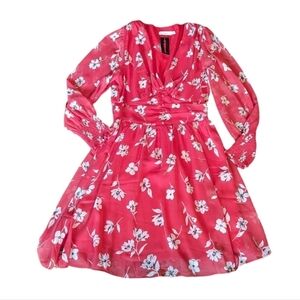 Lush red floral plunging v neck chiffon fairy smocked Cherry Girl dress NWT sz S